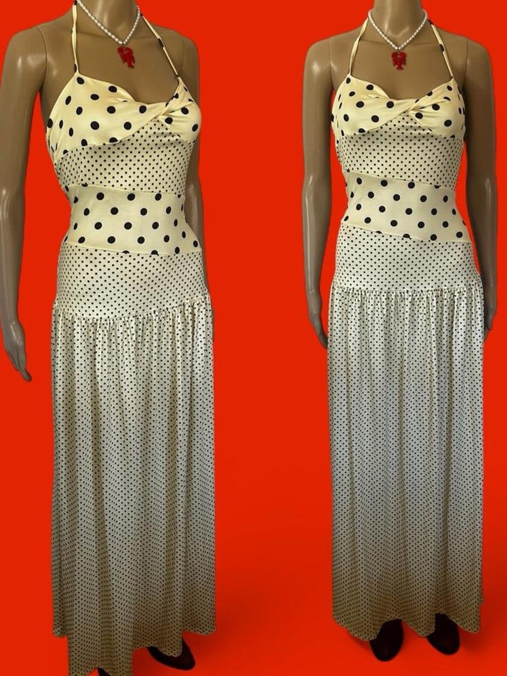 Polka Dot Halter Maxi Dress - Cream with Black Dots - Picture 2 of 4